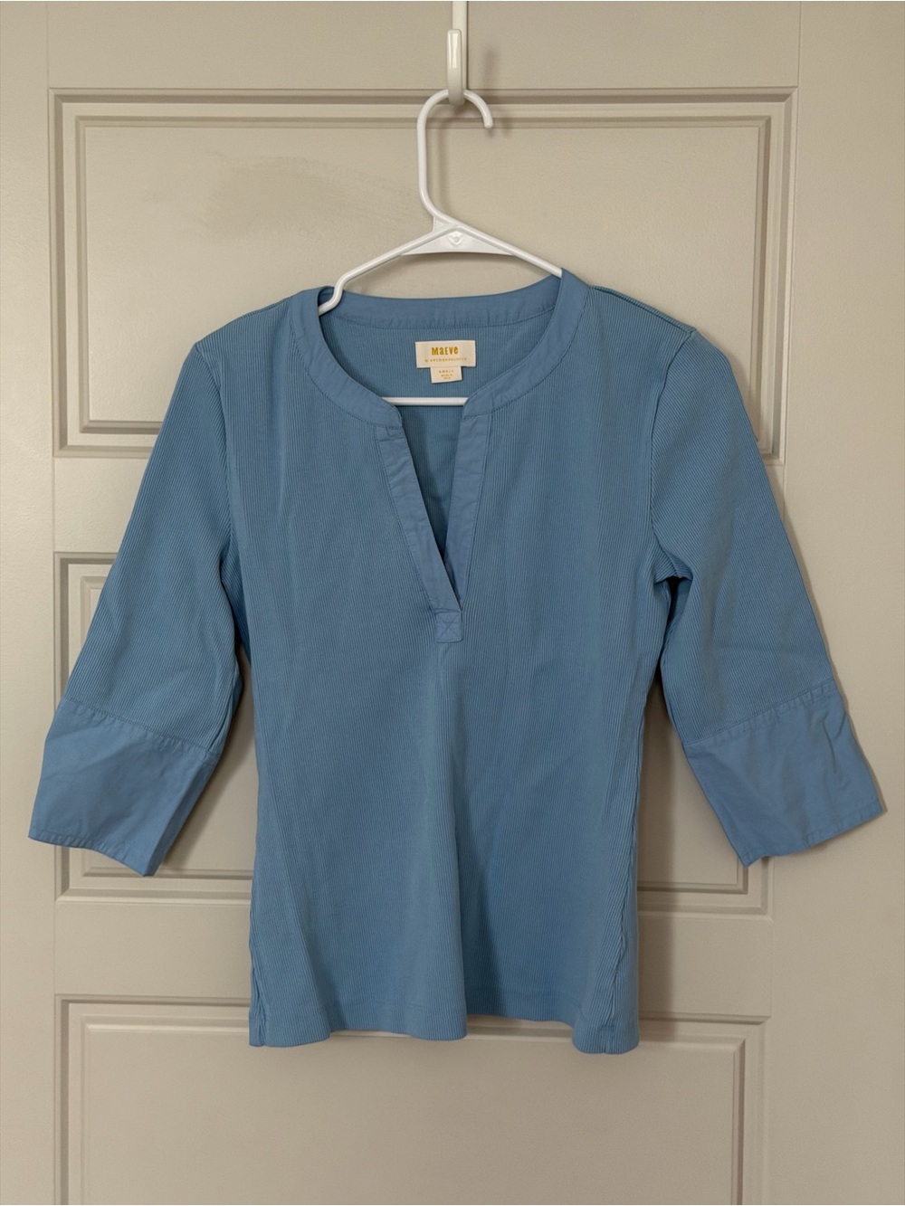 Maeve Anthropologie Dusty Blue Ribbed Split V-Neck Cuffed Sleeve Top S